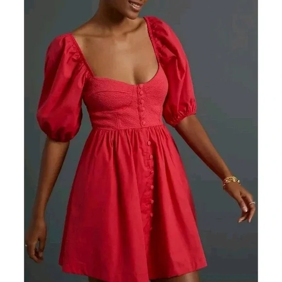 Anthropologie Maeve Puff-Sleeved Sweetheart Mini Dress Size Medium Red NEW - Picture 2 of 13